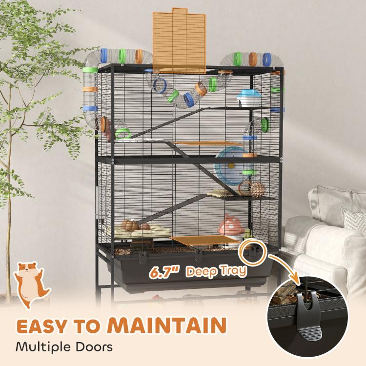 Wire pet cage with deep tray and multiple doors for easy access