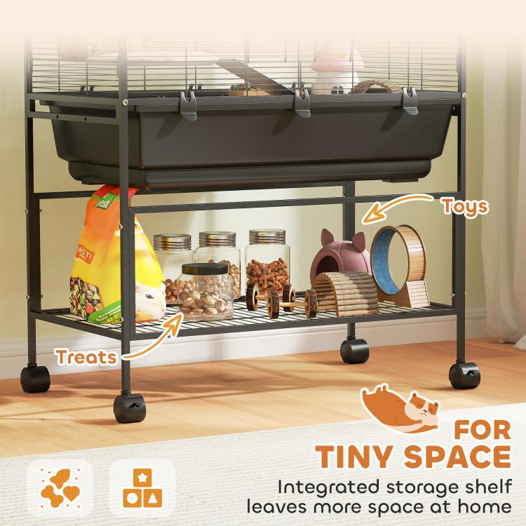 Multi-level wire cage with deep tray and integrated lower storage shelf