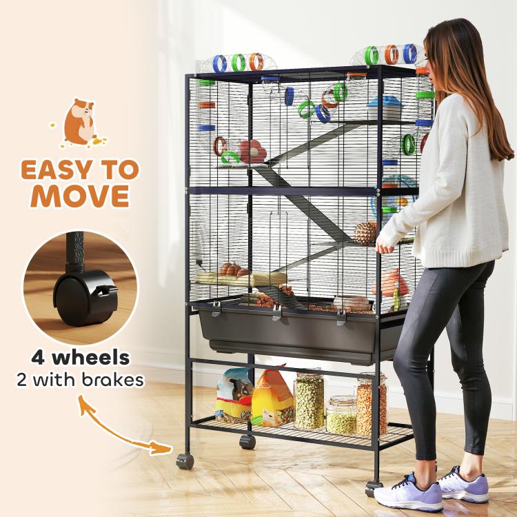 Rolling 5-tier wire pet cage with four wheels and deep tray