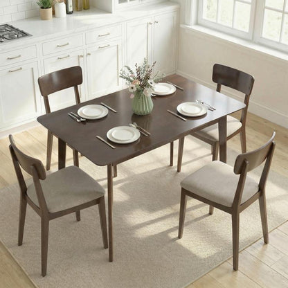 Mid-century dining table with dark brown rectangular tabletop and four matching chairs