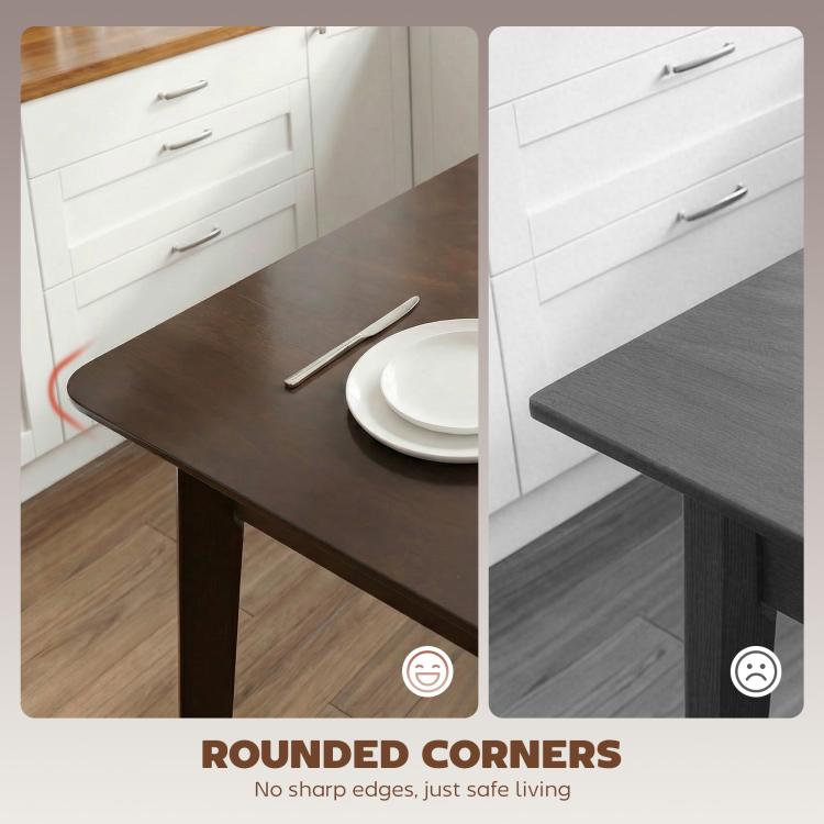 Rectangular dining table with rounded corners and dark tabletop, shown with corner detail