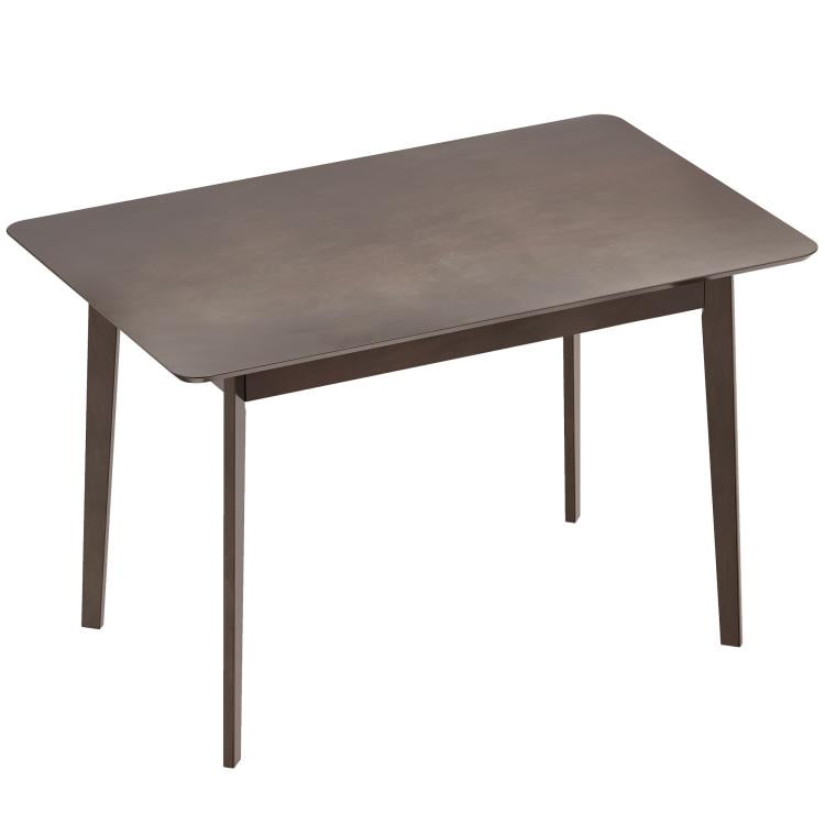 Rectangular dining table with dark tabletop and tapered legs, clean minimalist design