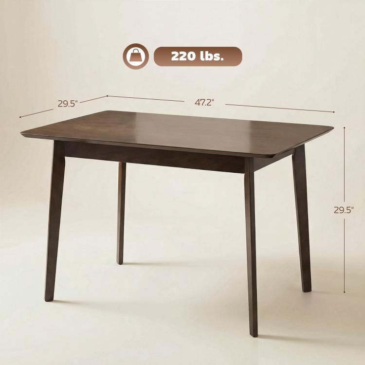 Dark brown rectangular dining table with tapered legs and smooth tabletop