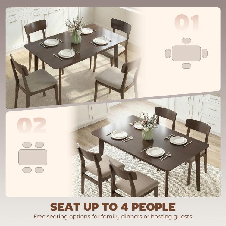 Dining table set with chairs, showing dark tabletop and sturdy angled legs