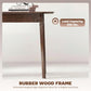 Side view of dark brown table with rubber wood-style frame and angled leg support