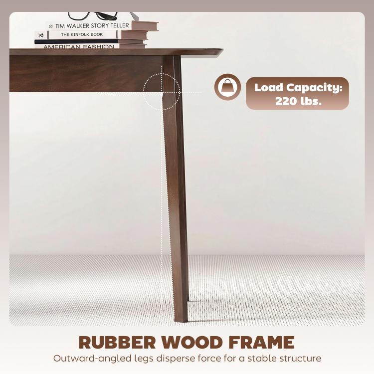 Side view of dark brown table with rubber wood-style frame and angled leg support