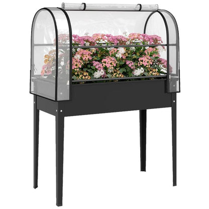 Black raised garden bed with clear flip-up greenhouse cover and front plant shelf