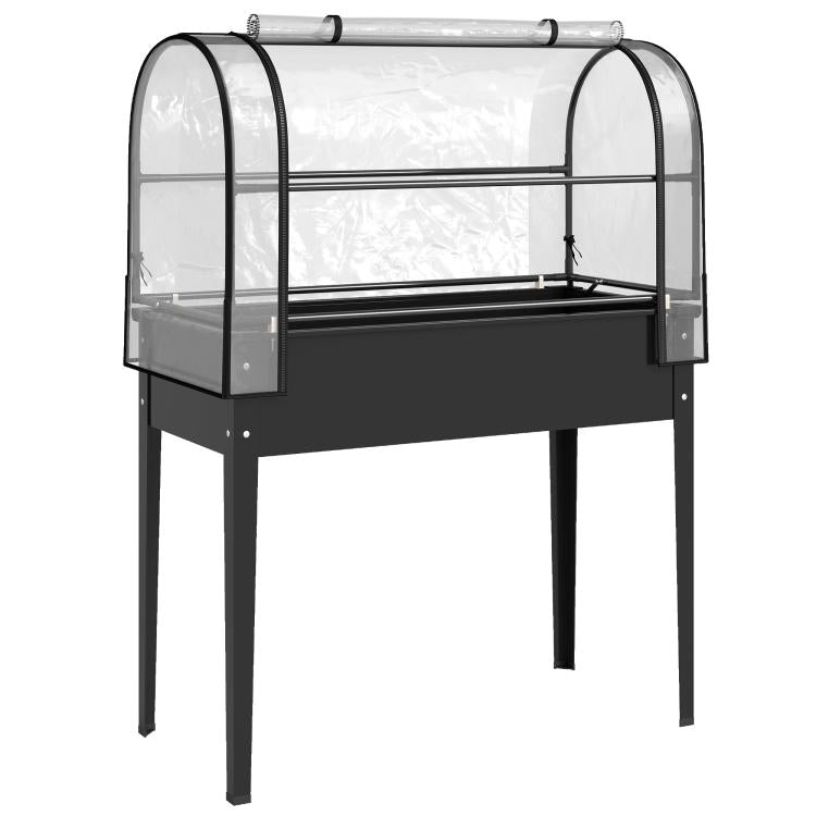 Elevated black metal raised garden bed with clear greenhouse cover and legs