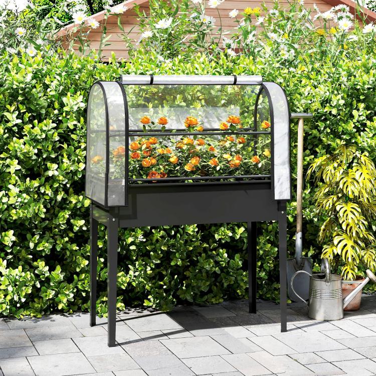 Black raised garden bed with clear greenhouse cover and flip-up front panels in garden patio