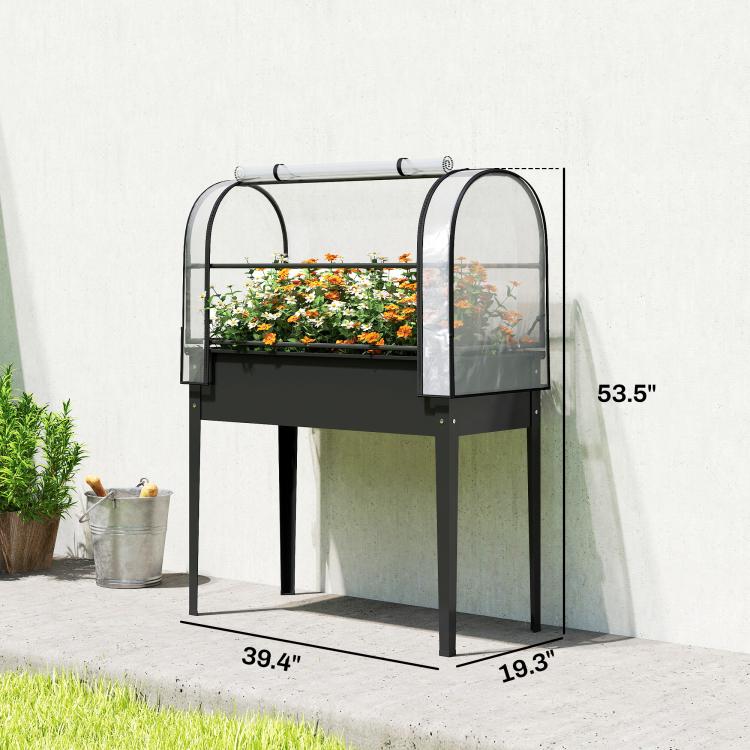 Black elevated garden bed with clear mini greenhouse cover, arched sides, and legs