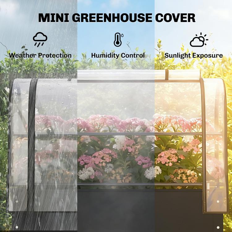 Clear greenhouse cover over raised garden bed with black frame and flip-up side panels