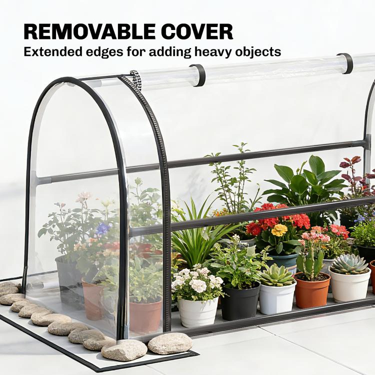 Raised garden bed with removable clear greenhouse cover and open front side panel