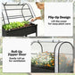 Black raised garden bed with flip-up cover design and roll-up zipper door for ventilation