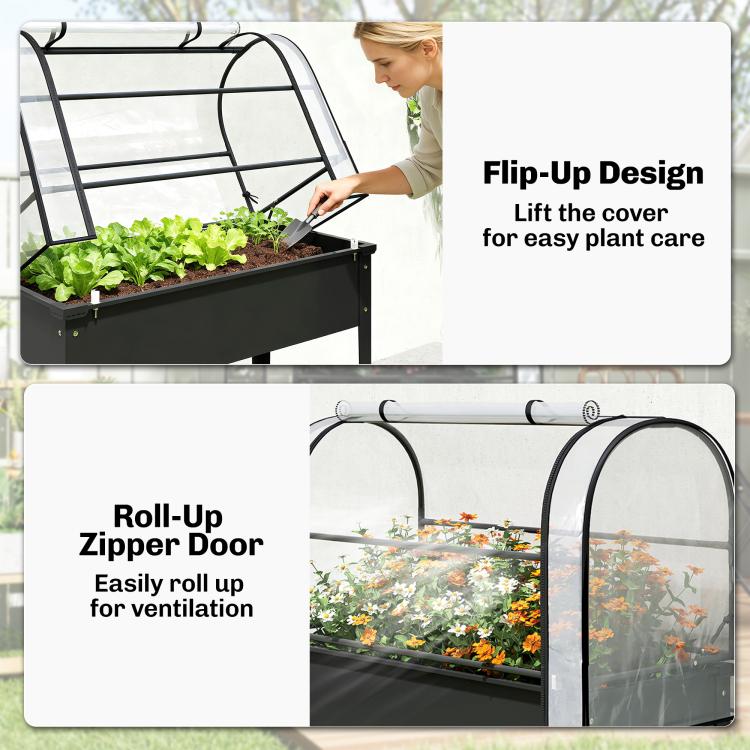 Black raised garden bed with flip-up cover design and roll-up zipper door for ventilation
