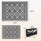 Black-and-white geometric outdoor rug layout with size measurements