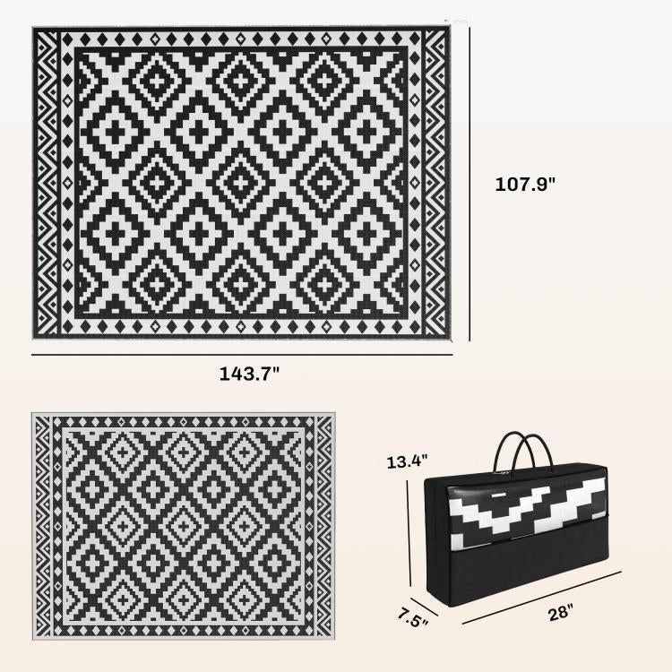 Black-and-white geometric outdoor rug layout with size measurements