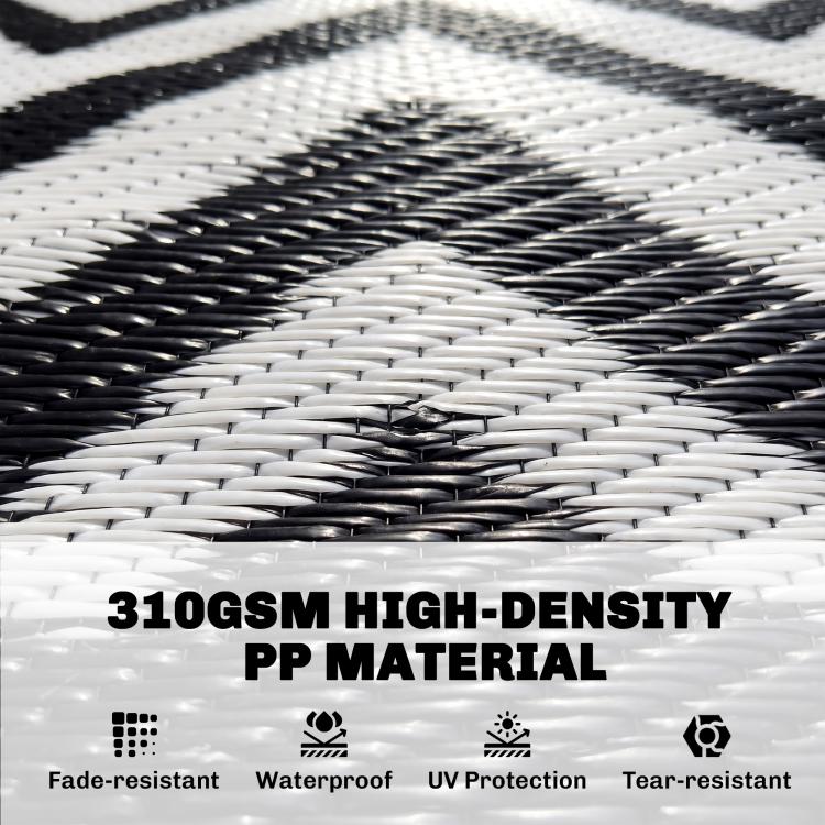 Close-up of black and white woven plastic straw rug texture