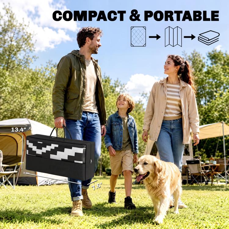 Portable outdoor black-and-white geometric rug with carrying case