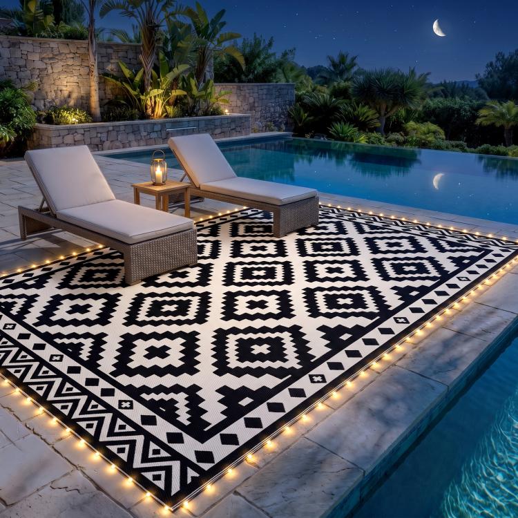 Black-and-white geometric outdoor rug with glowing LED border by a pool