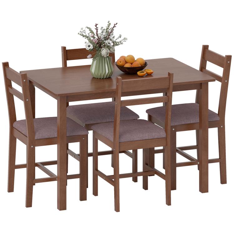 Light brown wood dining table set with four upholstered chairs, square tabletop