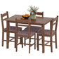 Light brown wood dining table set with four upholstered chairs, centerpiece on table