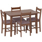 Light brown dining table set with four upholstered chairs, square tabletop view