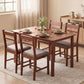 Light brown wood dining table set with four upholstered chairs for everyday dining