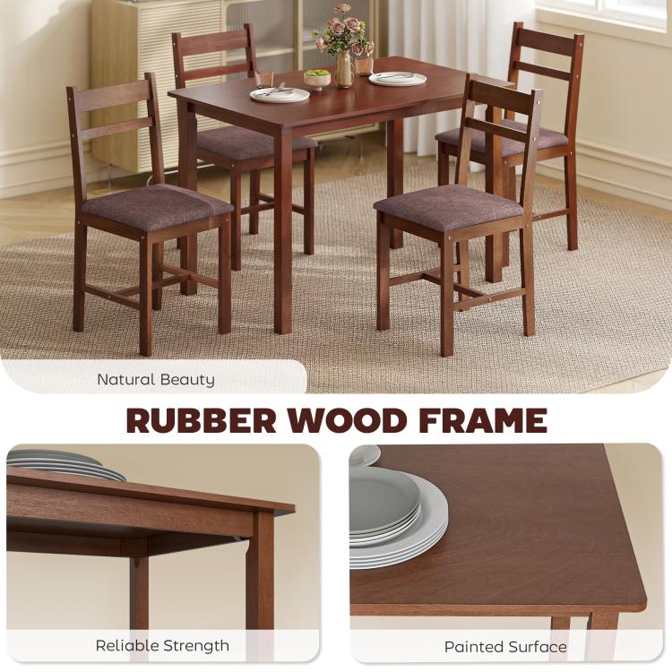 Light brown dining table set with four upholstered chairs, front view