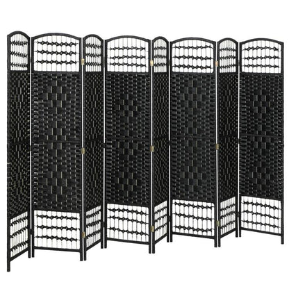 Black 8-panel folding room divider privacy screen with arched grid panels and gold hinges