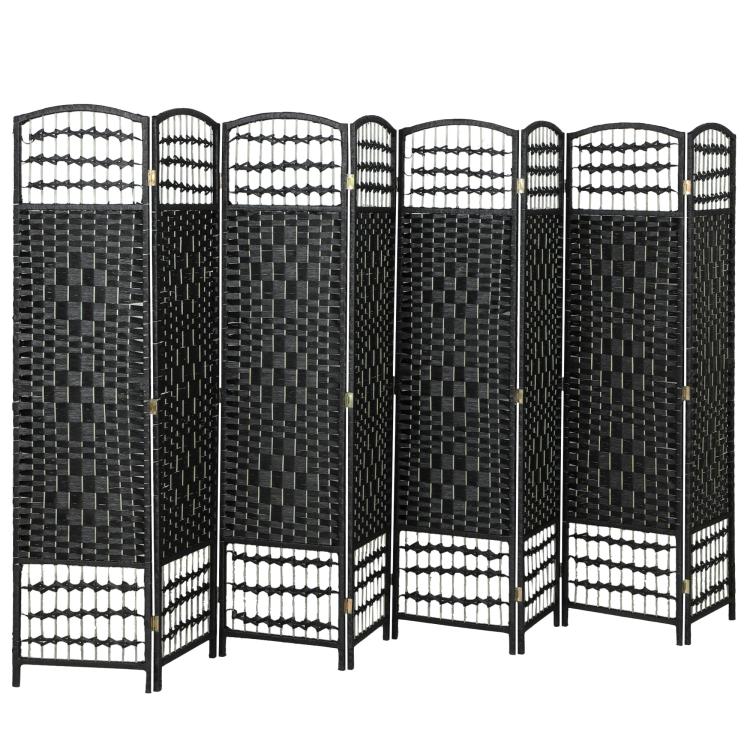 Black folding privacy screen with arched grid panels and alternating white mesh sections