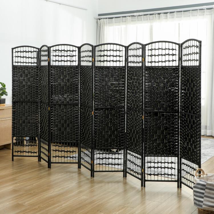 Black 8-panel folding privacy screen with wave lattice mesh