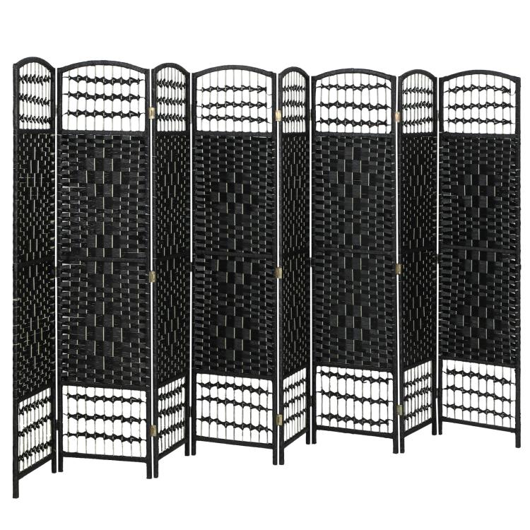 Black 8-panel room divider privacy screen, front view, lattice mesh panels