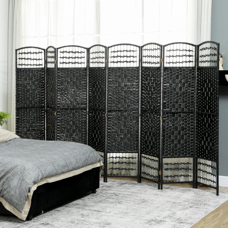 Black 8-panel room divider privacy screen standing folded with grid texture and metal frame