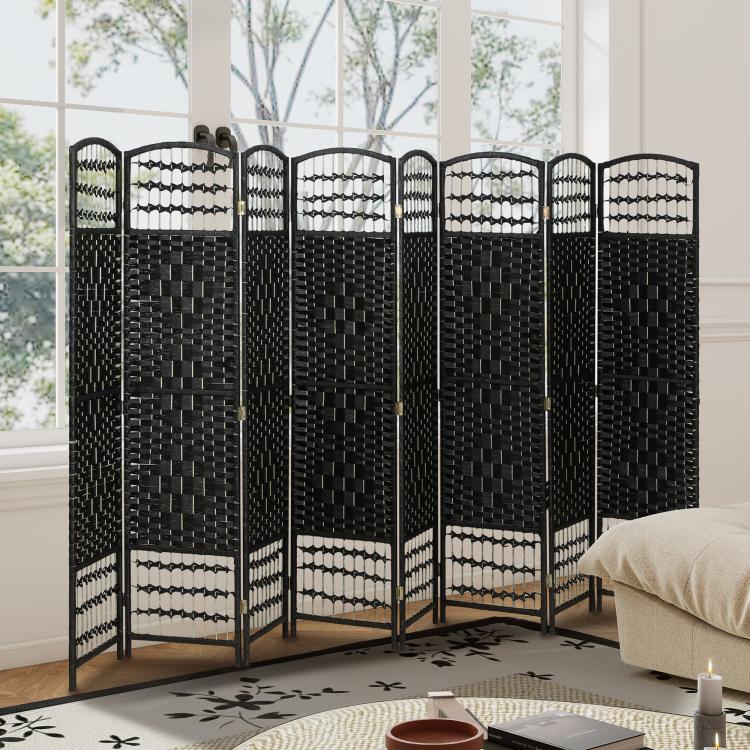 Black folding privacy divider with arched top grid and white accents along the lower edge