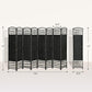 Measured view of black 8-panel folding room divider with arched grid panels