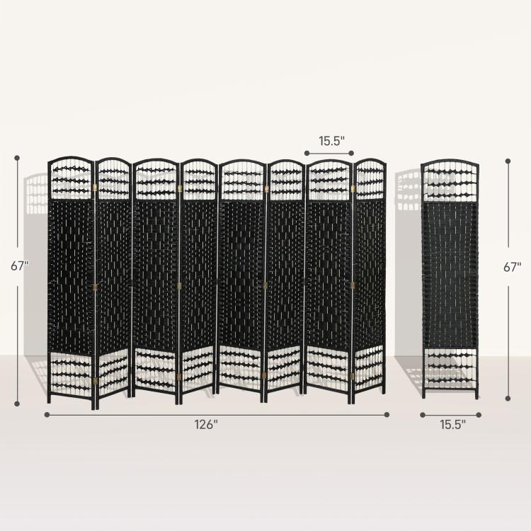 Measured view of black 8-panel folding room divider with arched grid panels