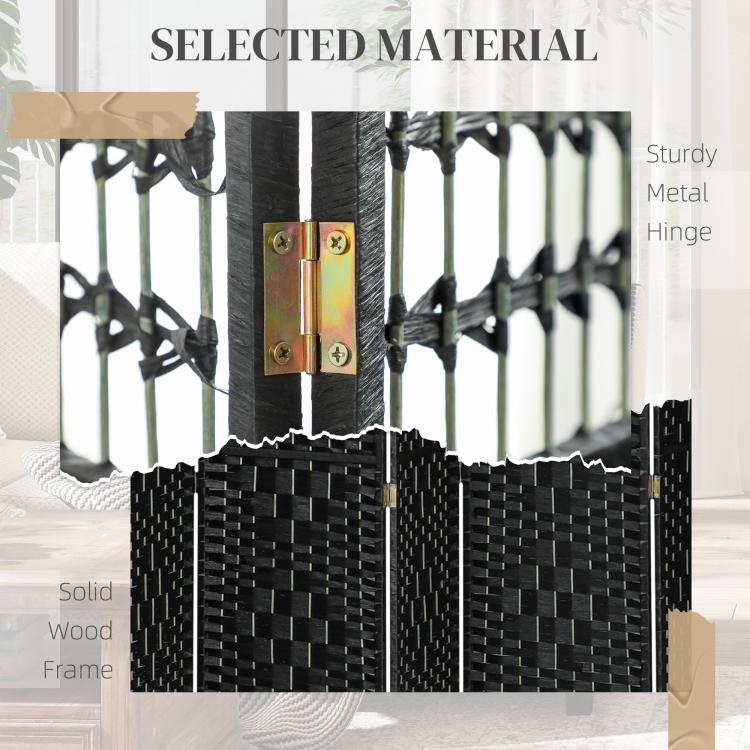 Close-up of black woven panel divider with gold metal hinges and reinforced frame