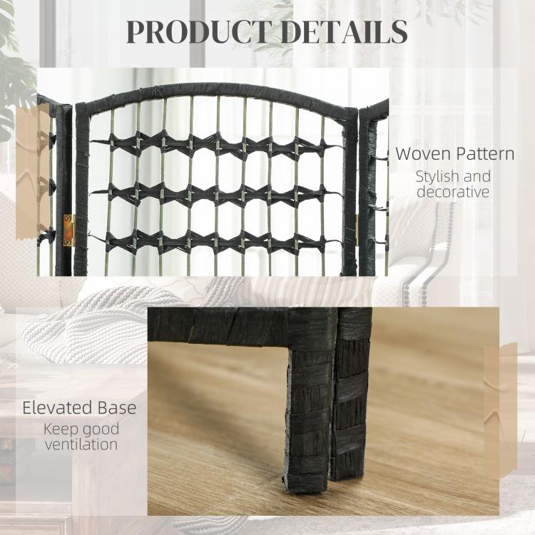 Room divider details showing black woven grid with arched top frame and raised base