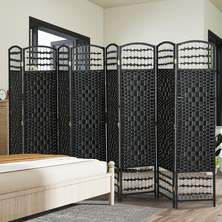 Black folding room divider with arched grid panels, gold connectors, and white mesh bands
