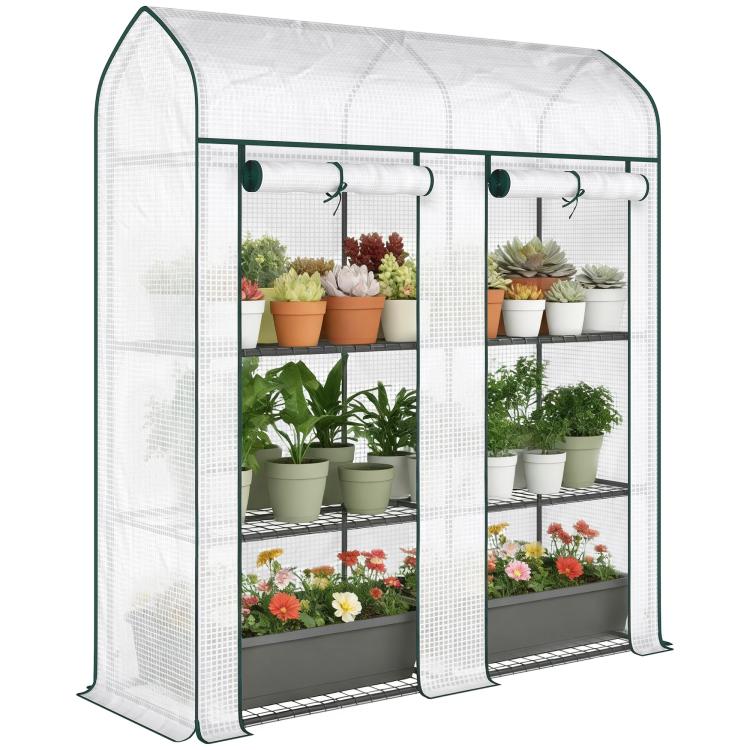 3-tier mini greenhouse with two roll-up doors and wire shelves, white frame with green accents