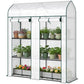 Portable 3-tier mini greenhouse with open roll-up doors and three wire shelf levels, white