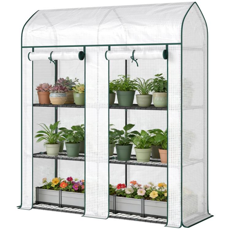 Portable 3-tier mini greenhouse with open roll-up doors and three wire shelf levels, white