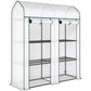 3-tier mini greenhouse with white frame, clear mesh panels, and two roll-up doors