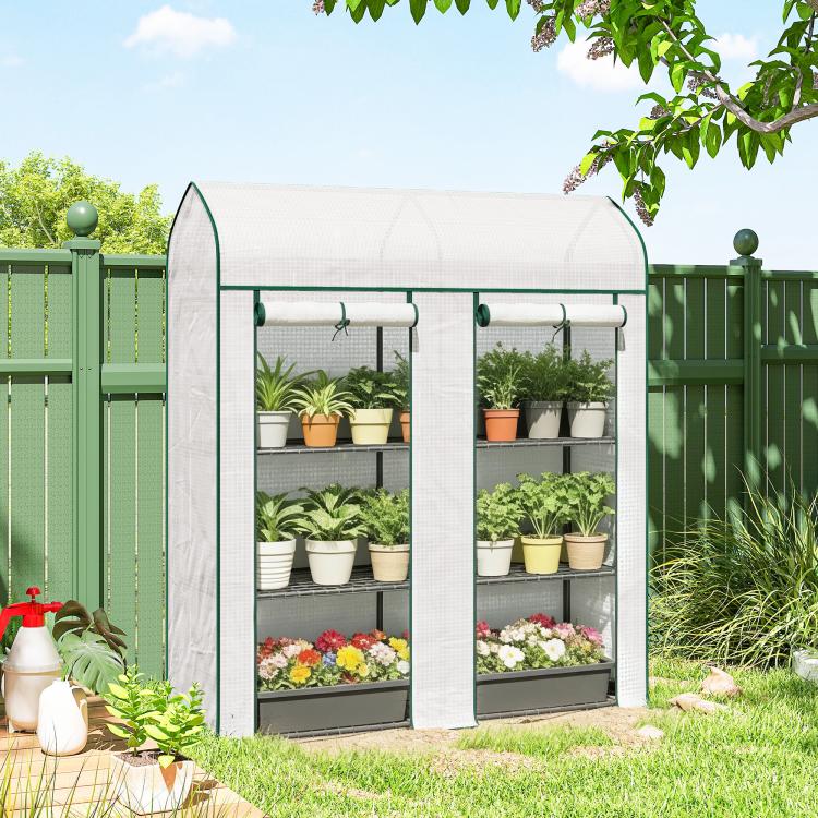 3-tier mini greenhouse with white PE cover and green metal frame, roll-up doors closed