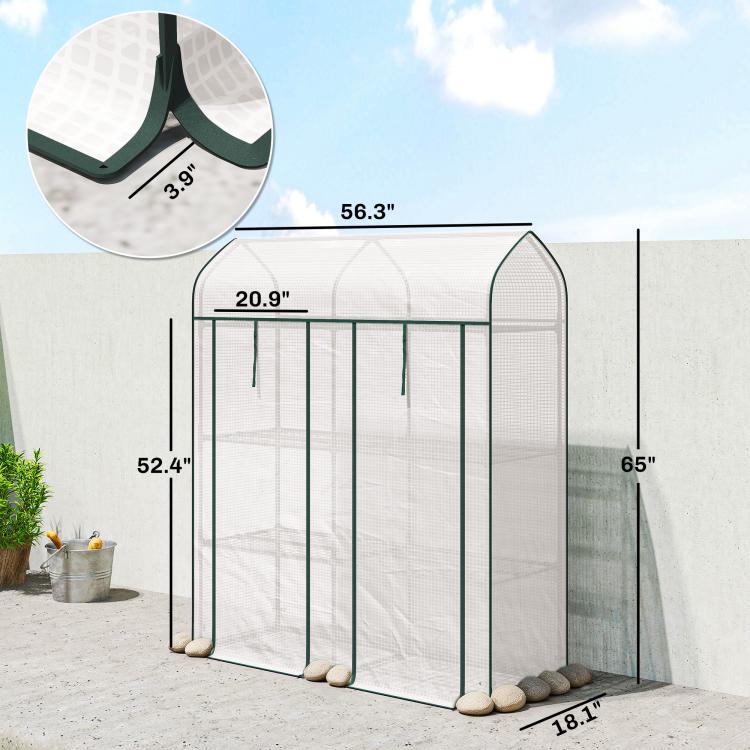 Portable 3-tier mini greenhouse with arched white cover and green frame, side view with frame base