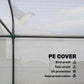 Close-up of PE mesh cover and green metal support bars on a mini greenhouse frame