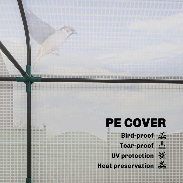 Close-up of PE mesh cover and green metal support bars on a mini greenhouse frame