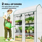 3-tier mini greenhouse with two roll-up doors open, green metal frame and wire shelves
