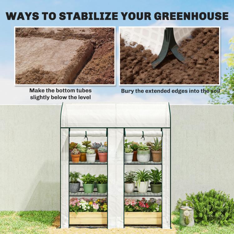 Mini greenhouse with bottom edge stability for soil, 3-tier wire shelves and roll-up doors