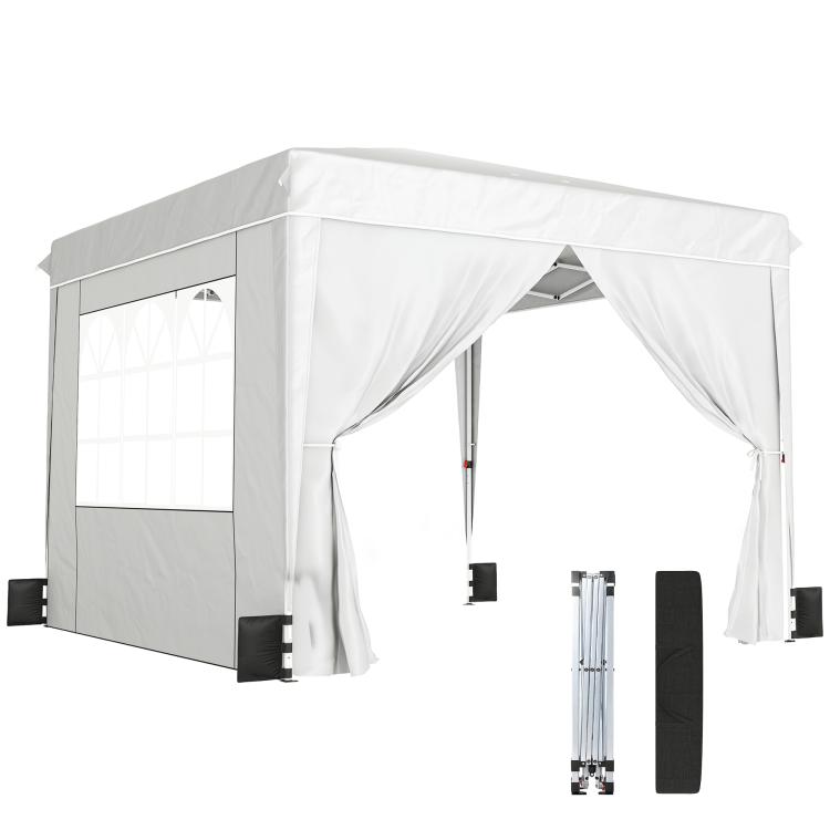 White pop-up canopy tent with sidewalls, open doorway and hanging curtains